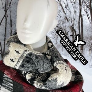 AEO Faire Isle Nordic Winter Sweater Knit Infinity Scarf Woman OS Gray White